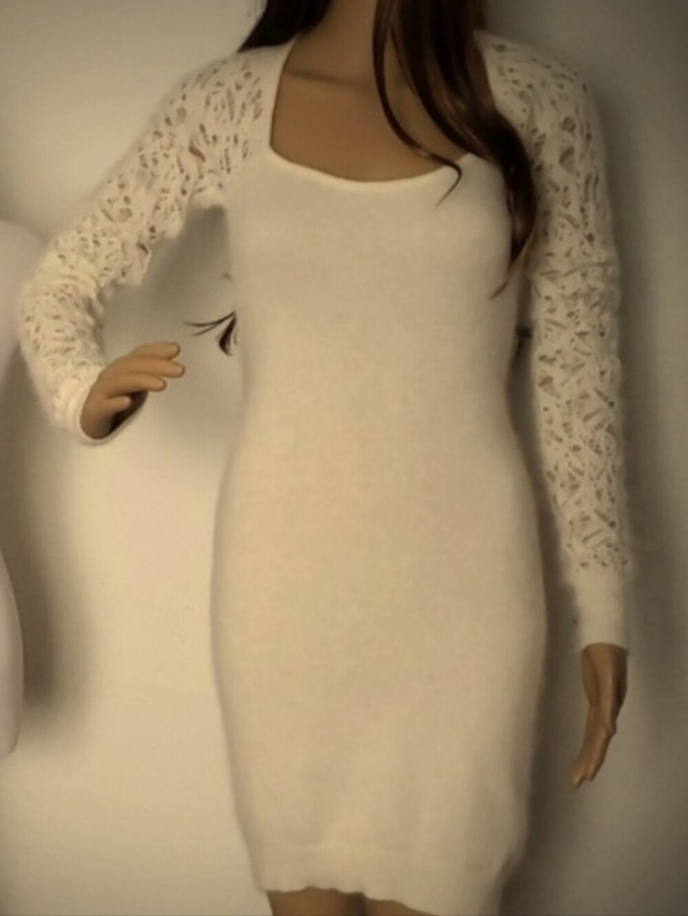 Moda International L Angora Mohair Cream Knit Long Sleeve Sweater Dress Softest